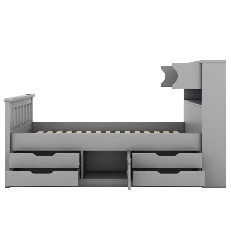 Lit plateforme capitaine une place/deux places avec 4 tiroirs et étagères de rangement, cadre en bois massif avec tête de lit bibliothèque et rangements