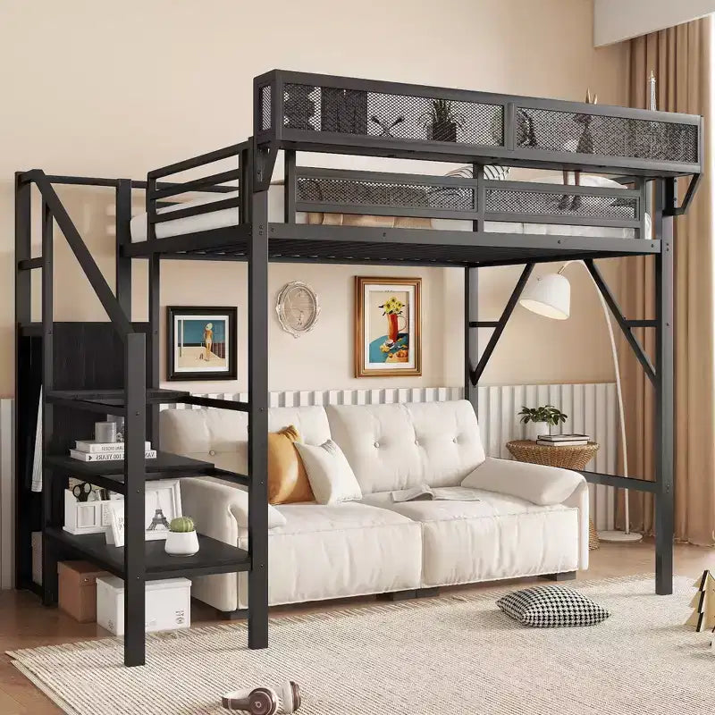 Okak hoogslaper van 94 inch voor een eenpersoonsbed, met kledingkast, opbergplanken en mand, bedframe voor slaapkamer of studentenkamer