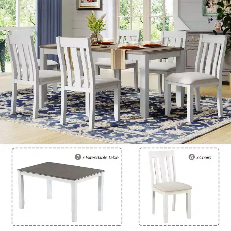 Uitschuifbare eethoekset in landelijke stijl voor 6 personen, rechthoekige tafel en 6 gestoffeerde stoelen
