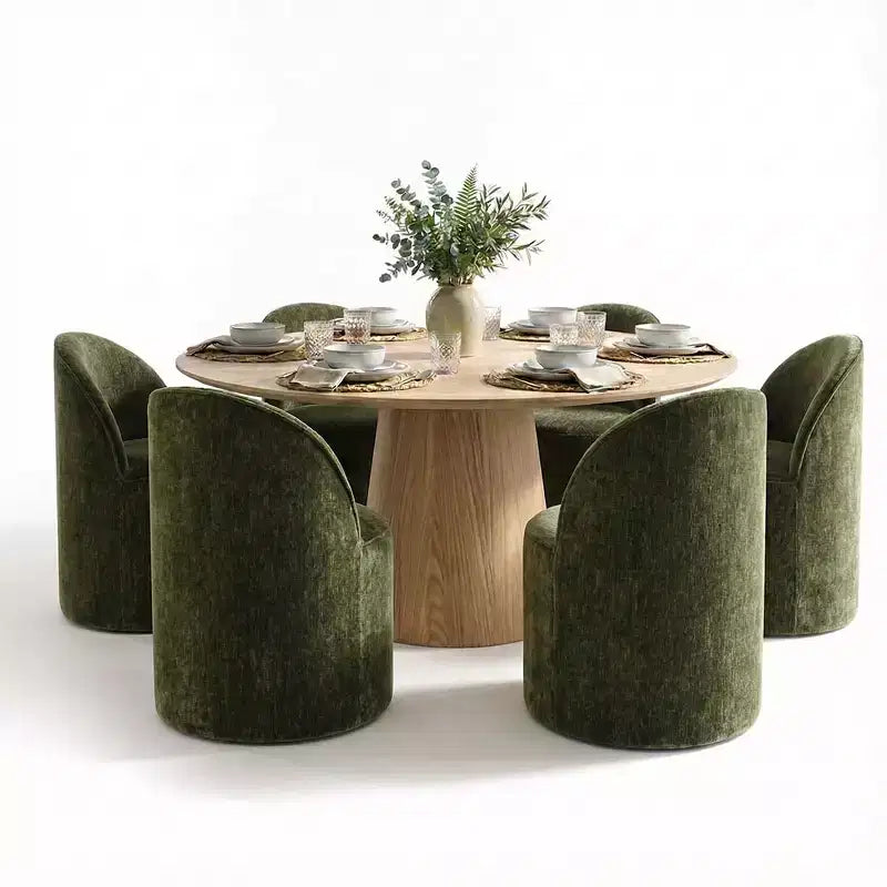 Conjunto de jantar moderno para 6 pessoas, mesa redonda com pé central, cadeiras giratórias tipo barril com rodas, chenille texturizado - Panipeachy