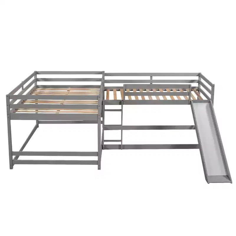 L-förmiges Etagenbett für 4 Kinder, Vierer-Etagenbett mit Rutsche und Bettgestell aus Holz in Full- und Twin-Size für Schlafzimmer und Wohnheim