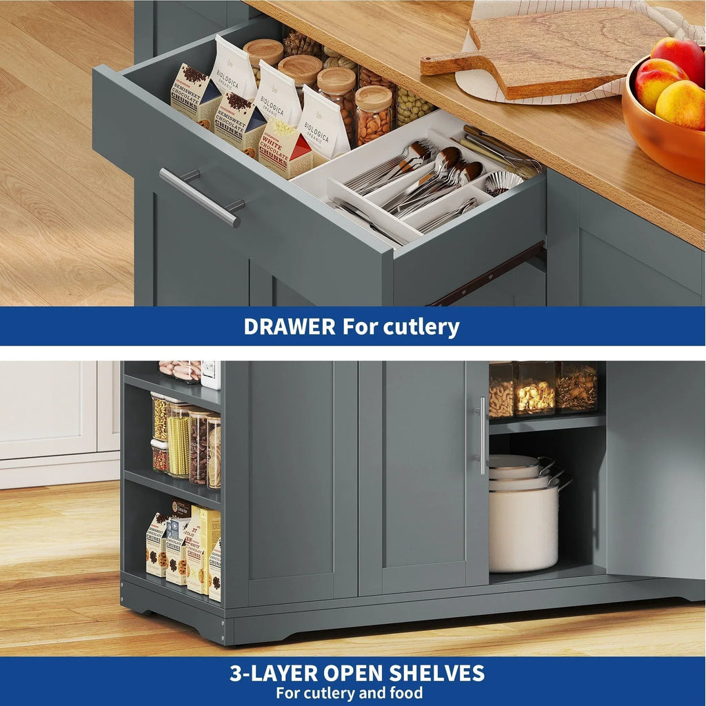 Meuble îlot de cuisine roulant Moasis de 53 pouces, avec rangements, portable et mobile