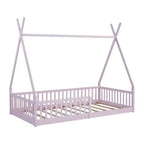 Kinder-Bodenbett, Zeltbett in Einzelbettgröße, Montessori-Bodenbett mit Lattenrost und Schutzgittern, Bettrahmen aus Holz in Hausform für Jungen und Mädchen