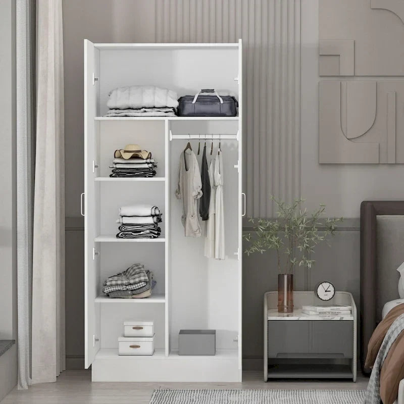 Armoire à deux portes autoportante pour chambre avec tringle à vêtements
