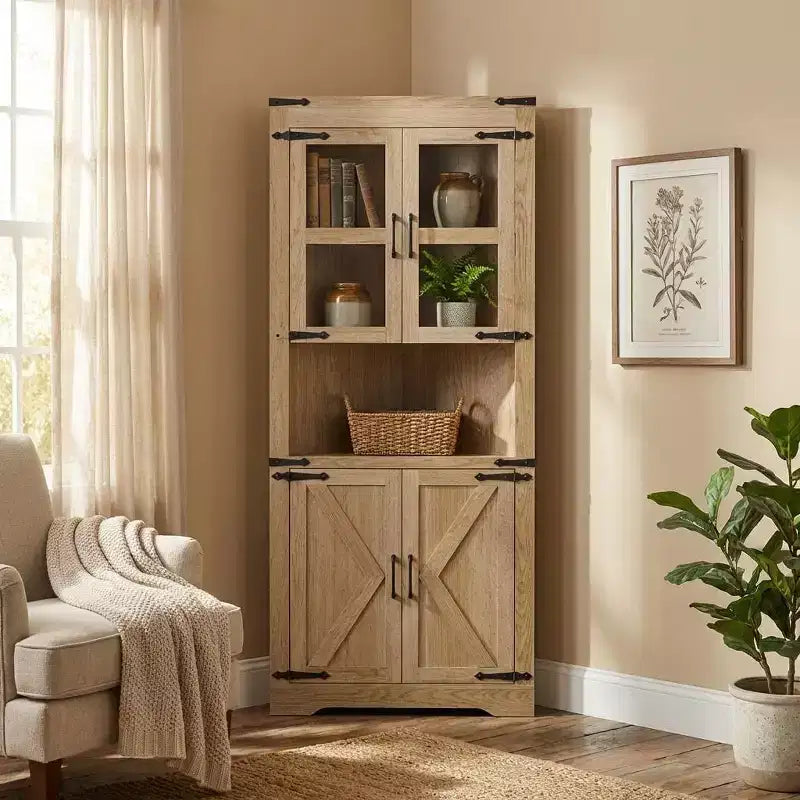 69" hoher Eckschrank im Landhausstil, platzsparender Eckschrank mit Stauraum, Glastür und verstellbaren Einlegeböden, für Wohnzimmer und Küche