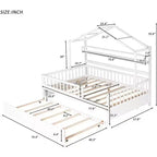 Struttura letto a casetta Acekool a una piazza e mezza con letto estraibile singolo, cassetti e ripiani contenitori, tetto e staccionata, letto a piattaforma per bambini, bianco