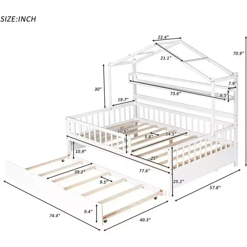 Struttura letto a casetta Acekool a una piazza e mezza con letto estraibile singolo, cassetti e ripiani contenitori, tetto e staccionata, letto a piattaforma per bambini, bianco
