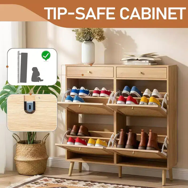Karl Home Schuhschrank mit Rattanfront, 2 Schubladen und 4 Klappfächern aus Spanplatte, 41.34 W