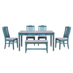 Eetkamerset van hout, 6-delig, met 4 stoelen en een bankje, tafel met lade