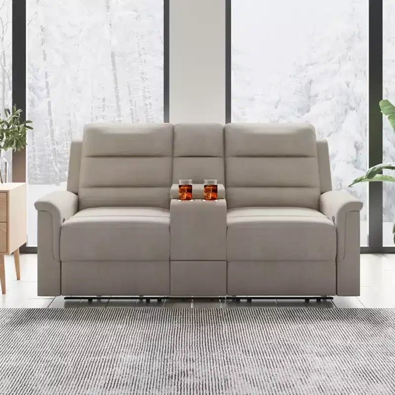 Beiges/graues Zweisitzer-Liegesofa aus Tech-Gewebe mit verstellbarer Rückenlehne und Fußstütze