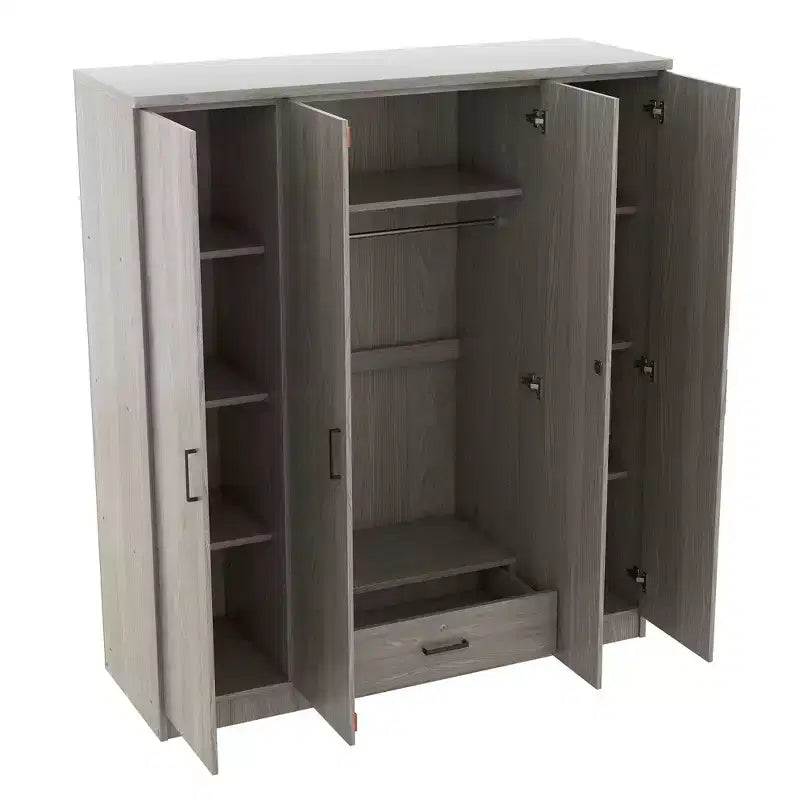 Viertüriger Kleiderschrank aus Holz mit Kleiderstange, 1 Schublade und Einlegeböden