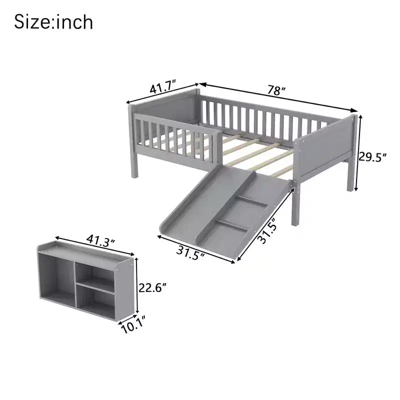 Whisen laag halfhoog bedframe van eenpersoonsformaat voor kinderen, met glijbaan, verplaatsbare boekenplank met opbergruimte en veiligheidsleuningen