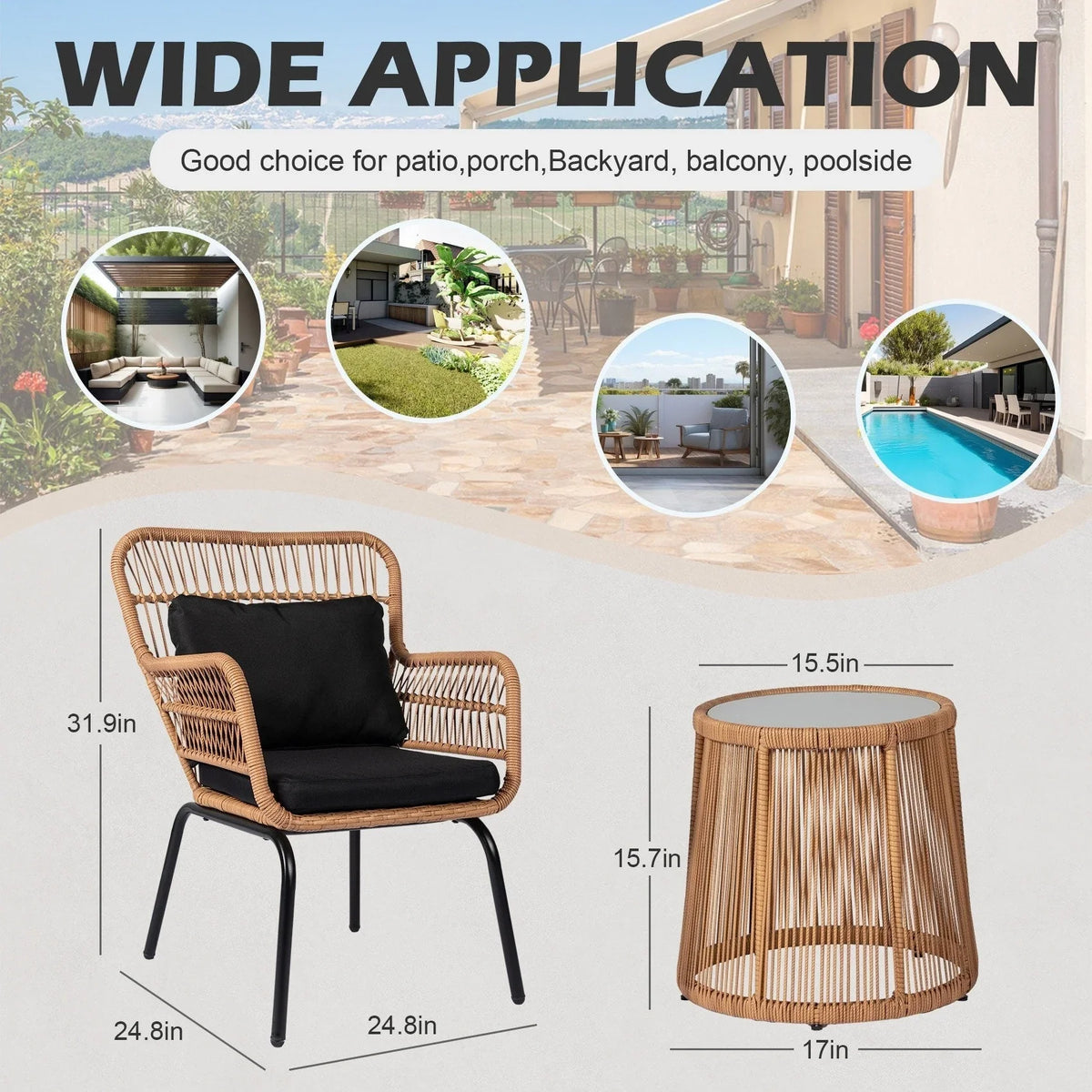 3-delige bistroset van tuinmeubelen van riet, weerbestendige rotanset met tuinstoelen en kussens