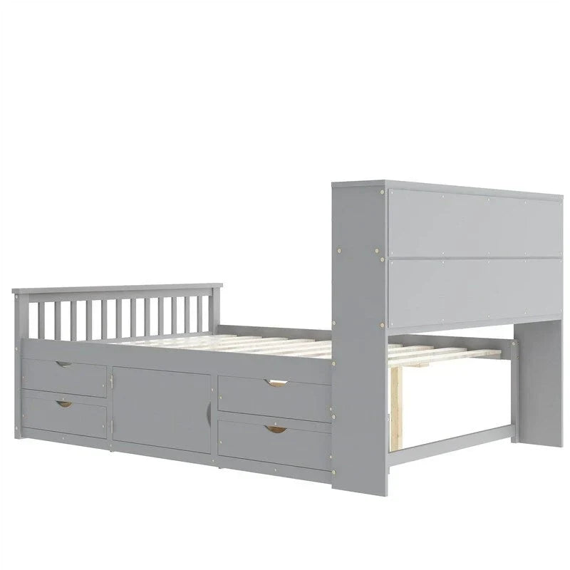 Lit plateforme capitaine une place/deux places avec 4 tiroirs et étagères de rangement, cadre en bois massif avec tête de lit bibliothèque et rangements