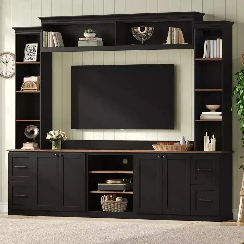 ModernLuxe 4-in-1-Unterhaltungszentrum im Landhausstil, passend für Fernseher bis 70, TV-Ständer-Medienkonsole mit verstellbaren Einlegeböden und Schubladen