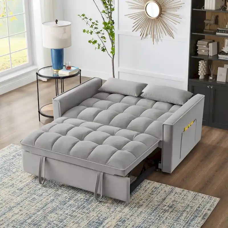 Rozkładana sofa dwuosobowa 4 w 1 z podłokietnikami i kieszeniami do przechowywania, wielofunkcyjna pikowana sofa z regulowanym oparciem