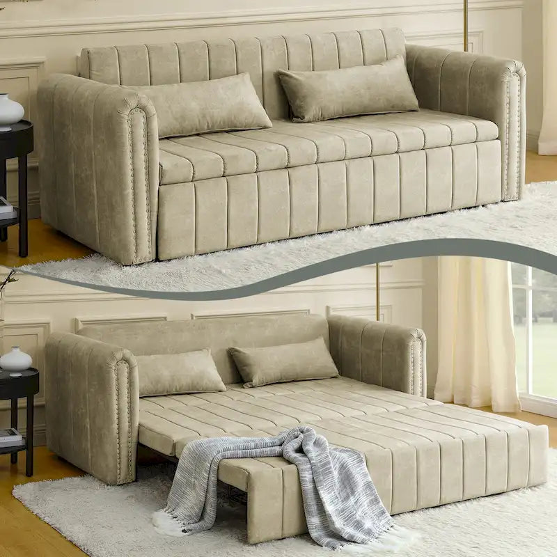 Nowoczesna rozkładana sofa z funkcją spania, tapicerowana aksamitem, z zaokrąglonymi podłokietnikami ozdobionymi miedzianymi ćwiekami
