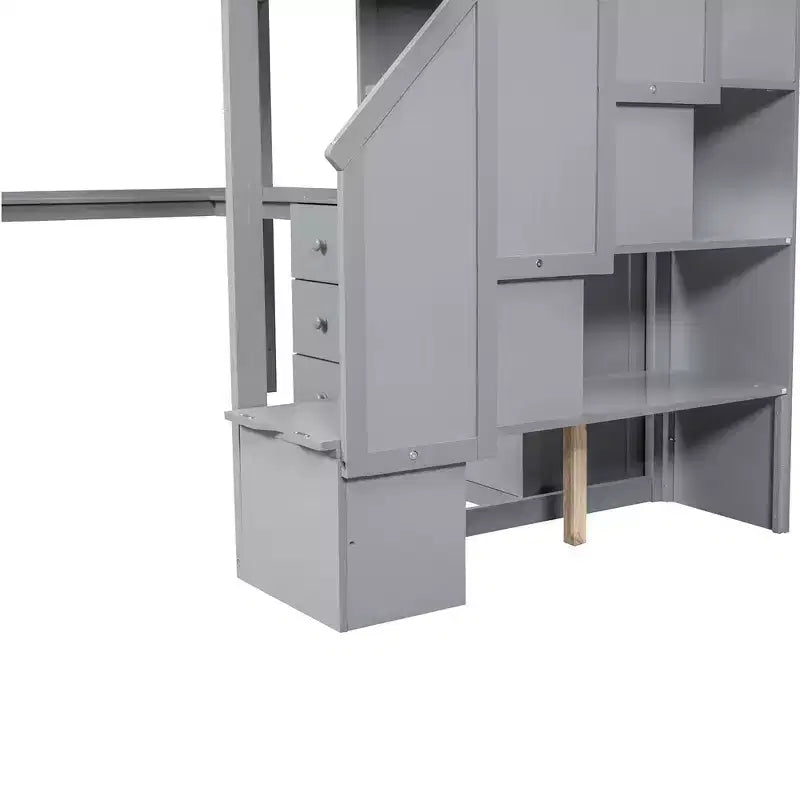 Halfhoogslaper in eenpersoonsmaat met L-vormig bureau, 3 laden, kast, opbergruimte in de trap, frame van massief grenenhout en MDF