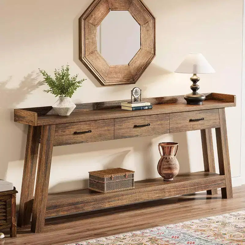 Lantine zitbanktafel met 2 niveaus en 3 laden, consoletafel van 70.9 met opstaande rand en opbergplanken voor de woonkamer, hal of entree