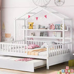 Struttura letto a casetta Acekool a una piazza e mezza con letto estraibile singolo, cassetti e ripiani contenitori, tetto e staccionata, letto a piattaforma per bambini, bianco