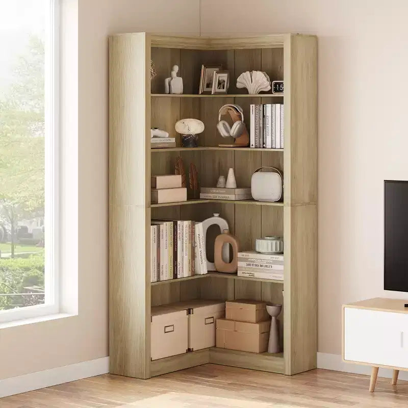 Nero/Bianco/Legno/Retrò, libreria angolare a L, a 5 ripiani, singola