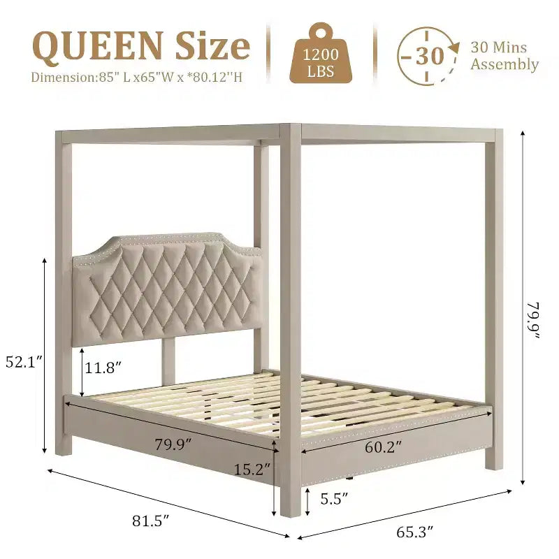 Estrutura de cama de dossel Queen com postes e suportes para os 4 cantos, estrado de ripas em madeira maciça, não necessita de sommier, sem ruídos