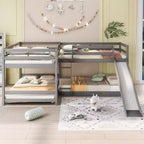 L-förmiges Etagenbett für 4 Kinder, Vierer-Etagenbett mit Rutsche und Bettgestell aus Holz in Full- und Twin-Size für Schlafzimmer und Wohnheim