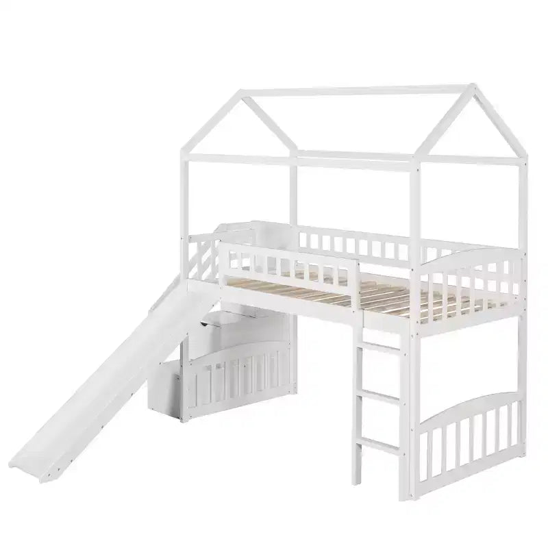 Hochbett in Hausform für Einzelbetten mit Rutsche und Treppe, Hochbett mit Schubladen, Holzhütten-Hochbett für Kinder und Kleinkinder