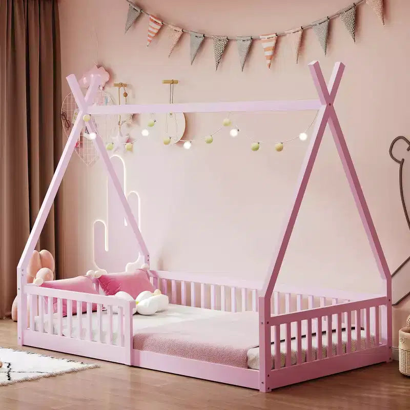 Kinder-Bodenbett, Zeltbett in Einzelbettgröße, Montessori-Bodenbett mit Lattenrost und Schutzgittern, Bettrahmen aus Holz in Hausform für Jungen und Mädchen