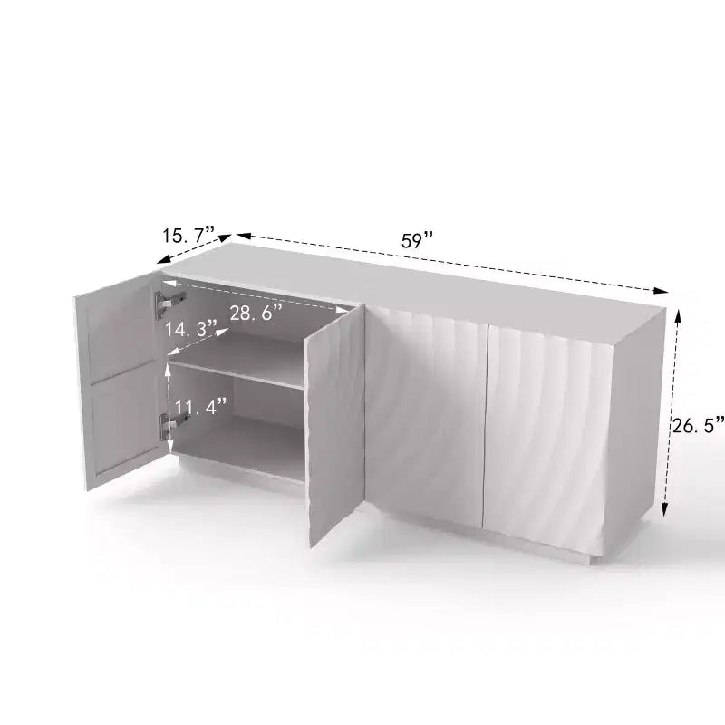 59 moderner Spiralen-Sideboardschrank, flacher kunstvoller Aufbewahrungsschrank für den Eingangsbereich mit Türen in 3D-Wellenoptik