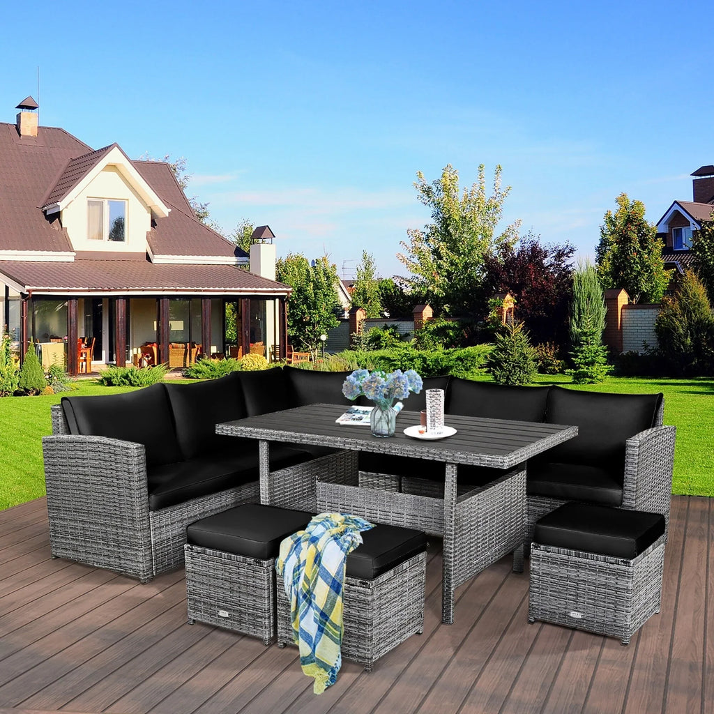 Costway 7-teiliges Ess-Set aus Polyrattan für die Terrasse mit Ecksofa und Hocker - Details ansehen