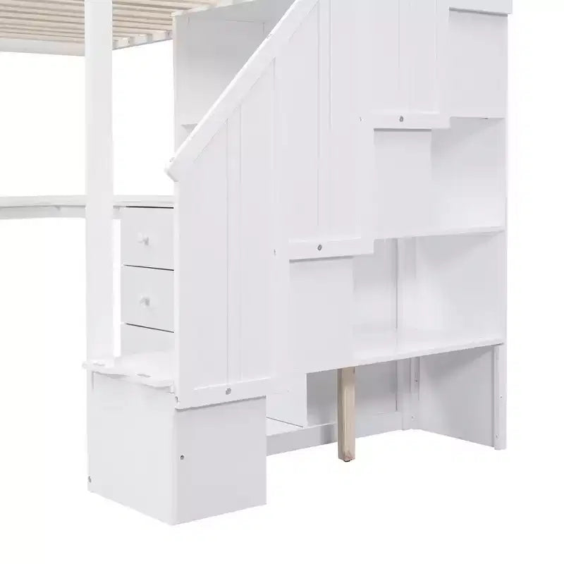 Halfhoogslaper in eenpersoonsmaat met L-vormig bureau, 3 laden, kast, opbergruimte in de trap, frame van massief grenenhout en MDF