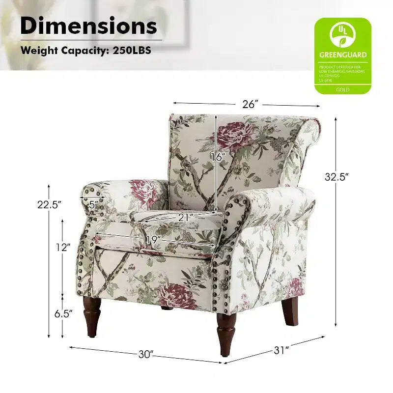 Araceli traditioneller gepolsterter Holzsessel mit Blumenmuster, Ohrenlehnen und Ziernägeln | ART OF LIVING DESIGNS