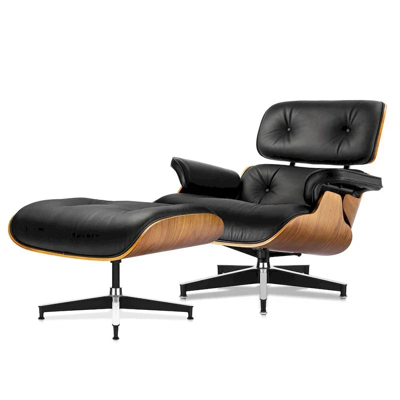 Furgle Lounge-Sessel mit Akzentfunktion aus echtem Leder und Hocker, Walnussholz