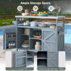 Îlot de cuisine d’extérieur, chariot de bar roulant et meuble de rangement, table de barbecue en bois massif avec plateau en acier inoxydable, porte-épices, porte-serviettes