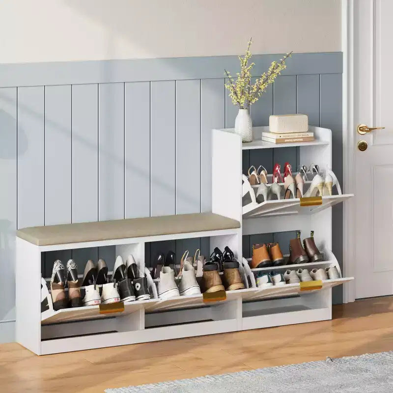 Schuhschrank im Landhausstil mit Sitzbank, Schuhaufbewahrung für den Eingangsbereich mit 4 Klappfächern und bequem gepolstertem Sitz, freistehende Schuhbank