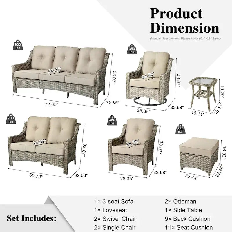 XIZZI 9-delige loungeset voor buiten met draaibare stoel