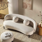 Gebogenes 3-Sitzer-Sofa mit kugelförmigen Kissen, beige Leinenmischung
