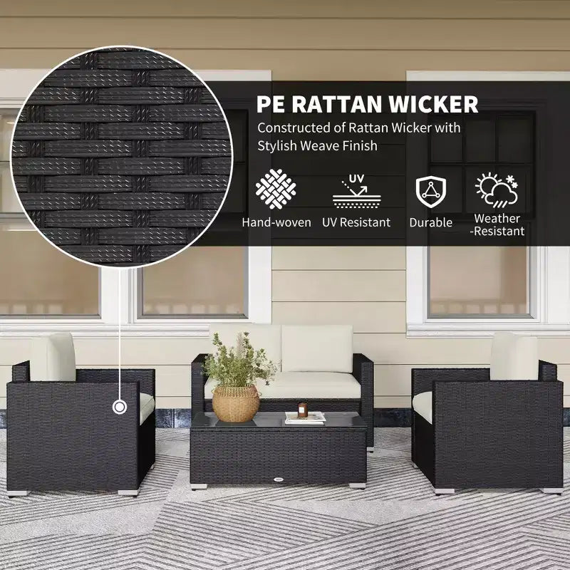 4-delige tuinset van rotan, loungeset van vlechtwerk met loveseat, stoelen en salontafel met glazen blad voor buiten