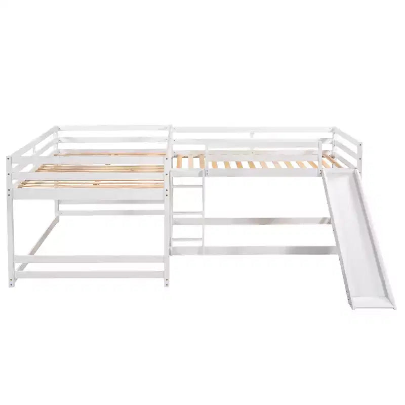 L-förmiges Etagenbett für 4 Kinder, Vierer-Etagenbett mit Rutsche und Bettgestell aus Holz in Full- und Twin-Size für Schlafzimmer und Wohnheim
