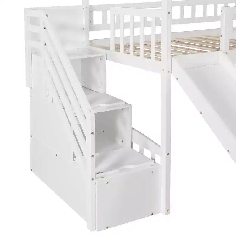 Hochbett in Hausform für Einzelbetten mit Rutsche und Treppe, Hochbett mit Schubladen, Holzhütten-Hochbett für Kinder und Kleinkinder