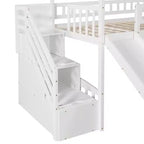 Hochbett in Hausform für Einzelbetten mit Rutsche und Treppe, Hochbett mit Schubladen, Holzhütten-Hochbett für Kinder und Kleinkinder