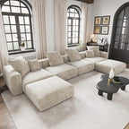 Großes modulares U-förmiges Ecksofa aus Cord mit 4 Sitzplätzen, 2 Hockern und 5 Kissen