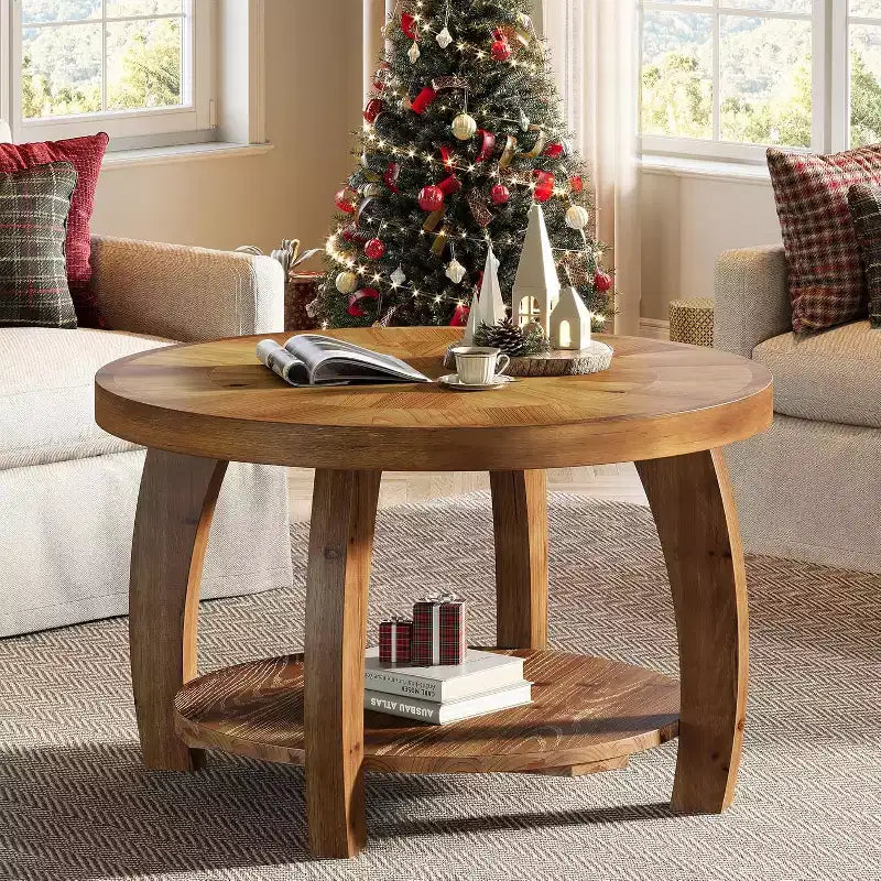 Lantine ronde salontafel van massief hout, bijzettafel met 2 niveaus en opbergruimte, tafelblad van 31.5 inch met mozaïekpatroon, eenvoudig te monteren, voor de woonkamer, bruin