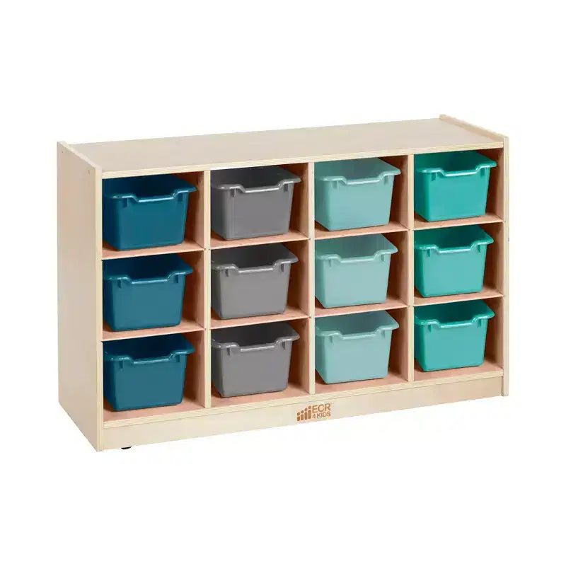 Mobiler Fächerschrank mit Tablettfächern und 15 Behältern mit Schaufelfront, 3x4, Kindermöbel