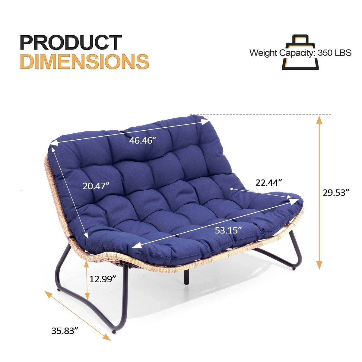 Poltrona doppia Papasan con cuscino, in rattan PE resistente a tutte le condizioni atmosferiche e struttura in metallo, per interni ed esterni