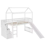 Hochbett in Hausform für Einzelbetten mit Rutsche und Treppe, Hochbett mit Schubladen, Holzhütten-Hochbett für Kinder und Kleinkinder