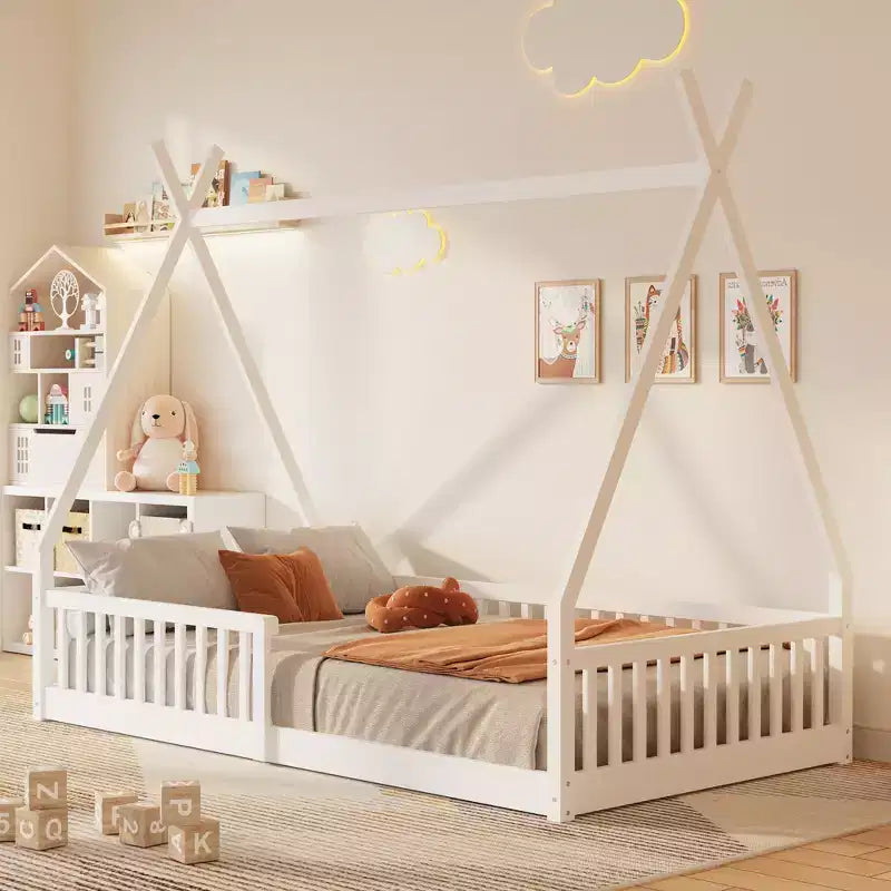 Kinder-Bodenbett, Zeltbett in Einzelbettgröße, Montessori-Bodenbett mit Lattenrost und Schutzgittern, Bettrahmen aus Holz in Hausform für Jungen und Mädchen