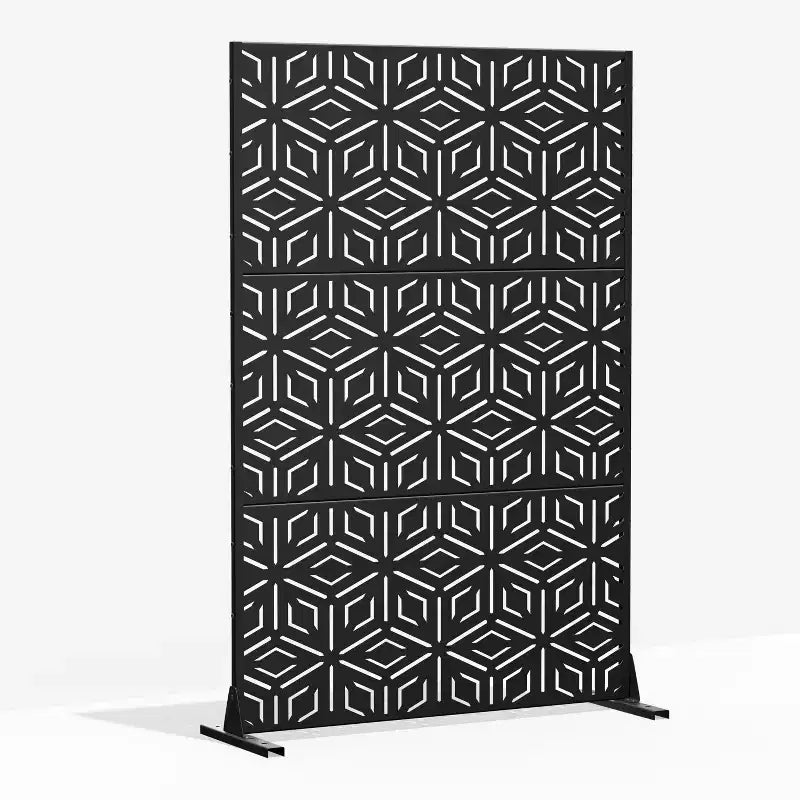 Kamerscherm met 3 panelen en geometrisch patroon ?C zwart gegalvaniseerd staal