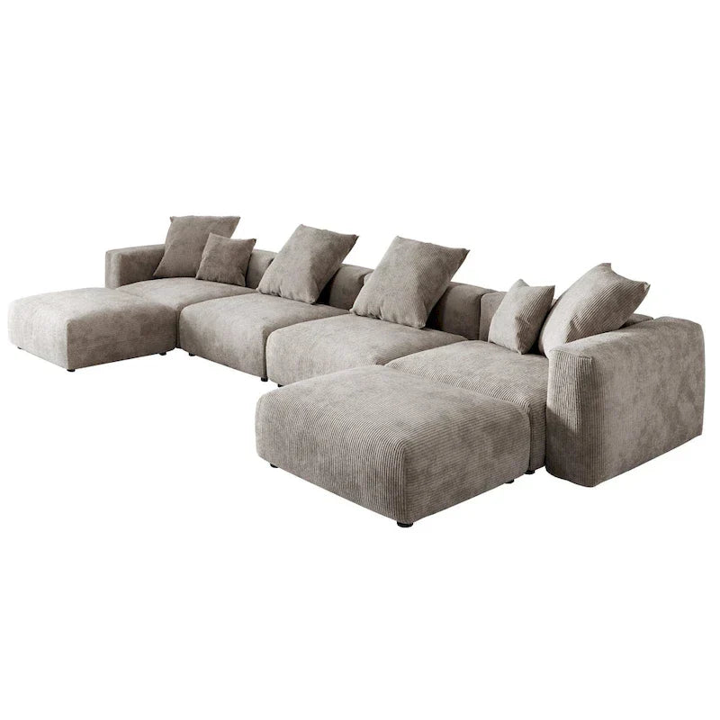 Großes modulares U-förmiges Ecksofa aus Cord mit 4 Sitzplätzen, 2 Hockern und 5 Kissen